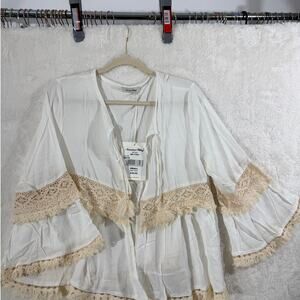 American Bling Style Boho Lace Fringe Bell Sleeve Cardigan NWT Small Womens